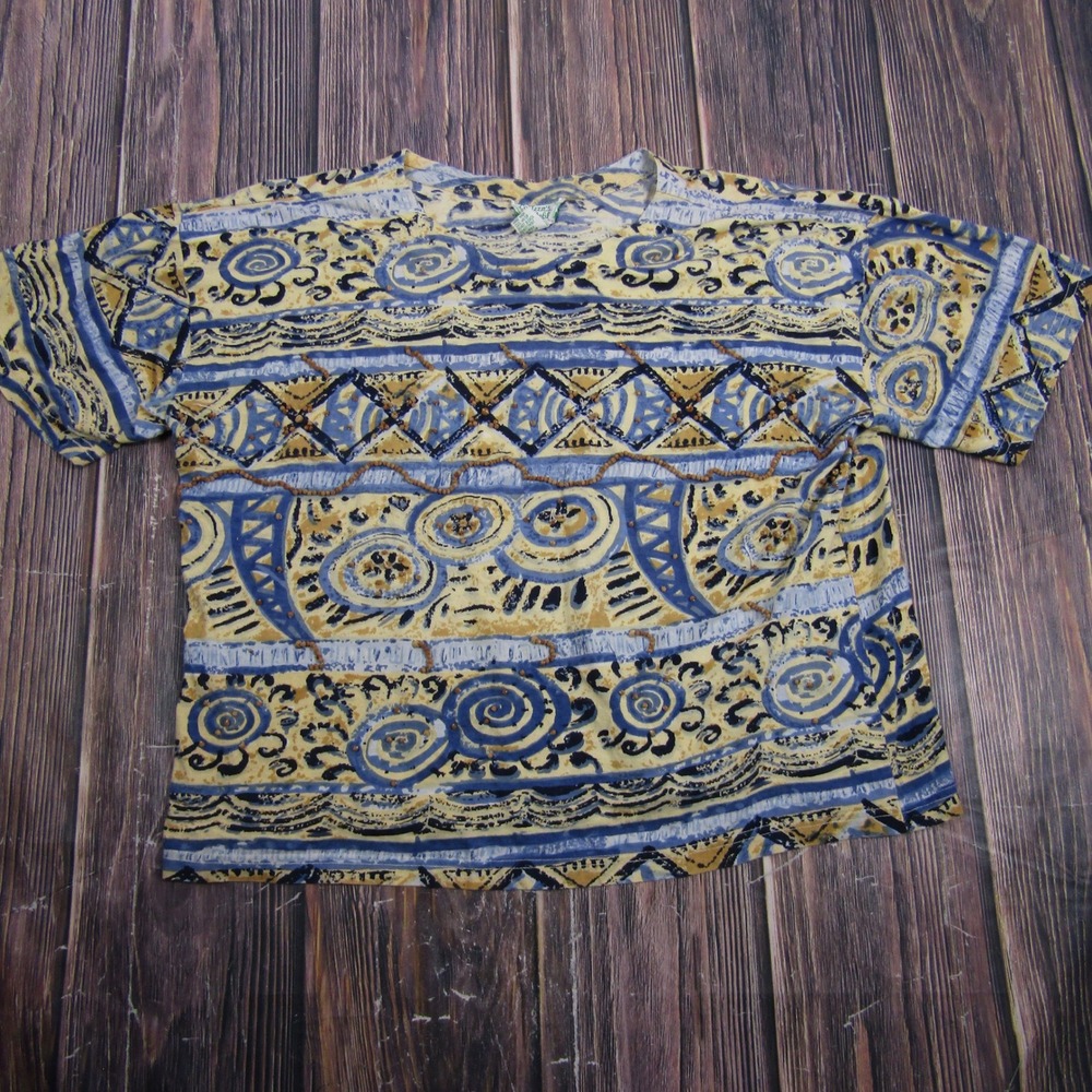 Colleen's Collectables T-Shirt Women Large Blue Tan Geometric Tribal Boho Tee